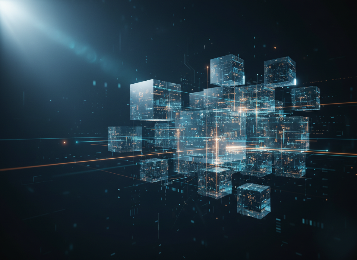 A cluster of interconnected, semi-transparent 3D cubes floating in mid-air, each cube filled with detailed microchip textures and faint numerical code, forming a stylized AI ecosystem. Thin luminous lines in cyan and soft amber connect the cubes, symbolizing data flow and scalable architecture. The backdrop is a dark, subtly textured gradient suggesting an infinite digital environment. Directional spotlighting from the upper left creates crisp highlights on cube edges and layered reflections within, leaving a gentle vignetting around the frame. The mood is dynamic yet controlled, evoking high performance and modular AI solutions. Captured in photographic realism with a slightly low-angle view, the composition is centered but asymmetrically balanced by denser clusters on one side, reinforcing a sense of expansion, innovation, and enterprise-level robustness.