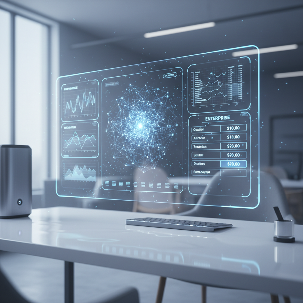 An elegant, large transparent holographic dashboard floating above a glossy white workstation, displaying real-time AI analytics: flowing line graphs, node-link neural network diagrams, and clear pricing tables with highlighted tiers. The desk surface is uncluttered, featuring only a slim metallic workstation tower and a compact keyboard. Soft, cool daylight streams in from an unseen window, illuminating the scene with gentle reflections on the glossy surface and the holographic interface. The mood is transparent, trustworthy, and business-focused. Shot from a slightly elevated angle with shallow depth of field, the central dashboard is in razor-sharp focus while the minimal, futuristic office background fades into a soft bokeh. The photographic realism and clean, modern composition emphasize clarity, transparency, and data-driven decision-making.